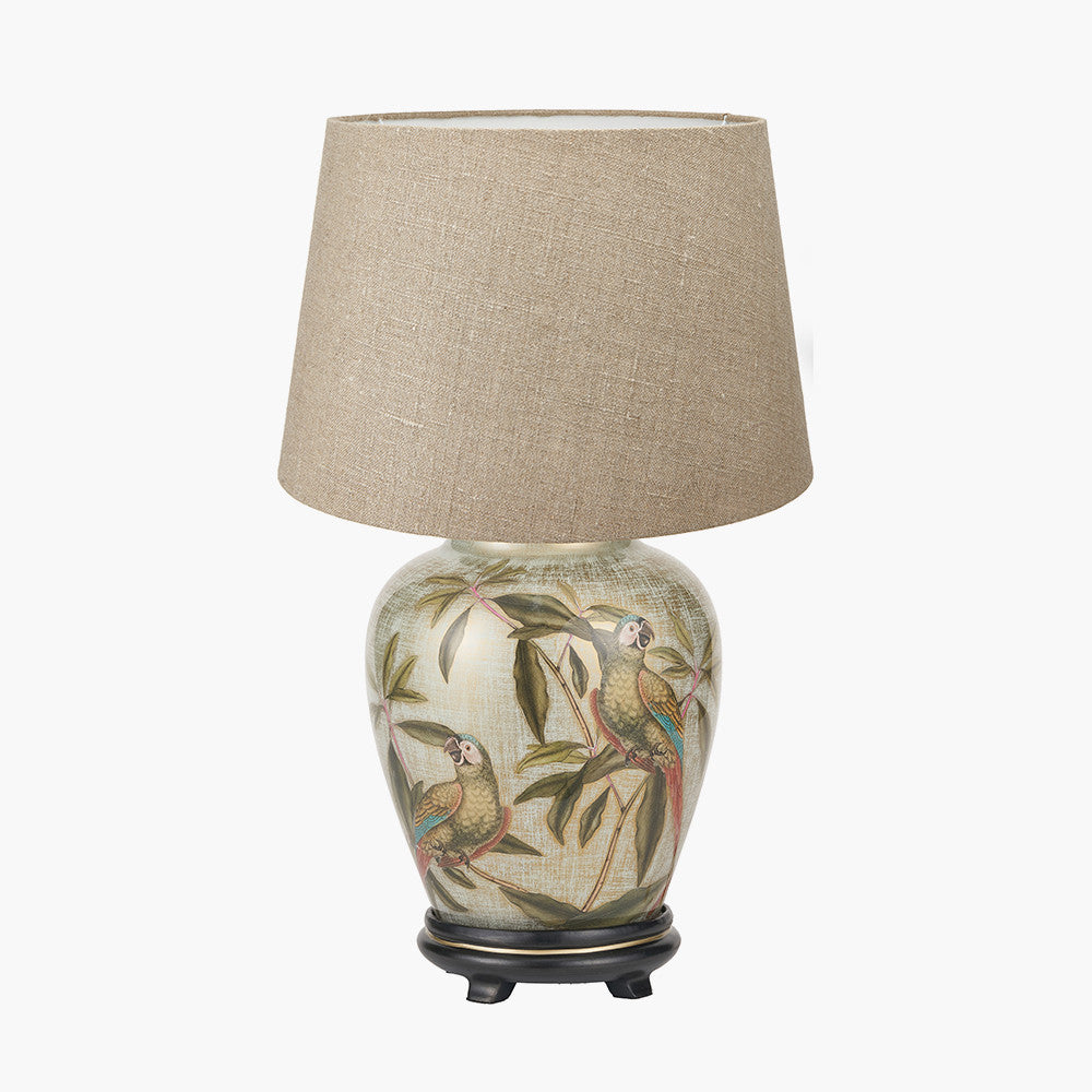 Parrot Small Glass Table Lamp Base with Milos 30cm Natural Linen Tapered Lampshade