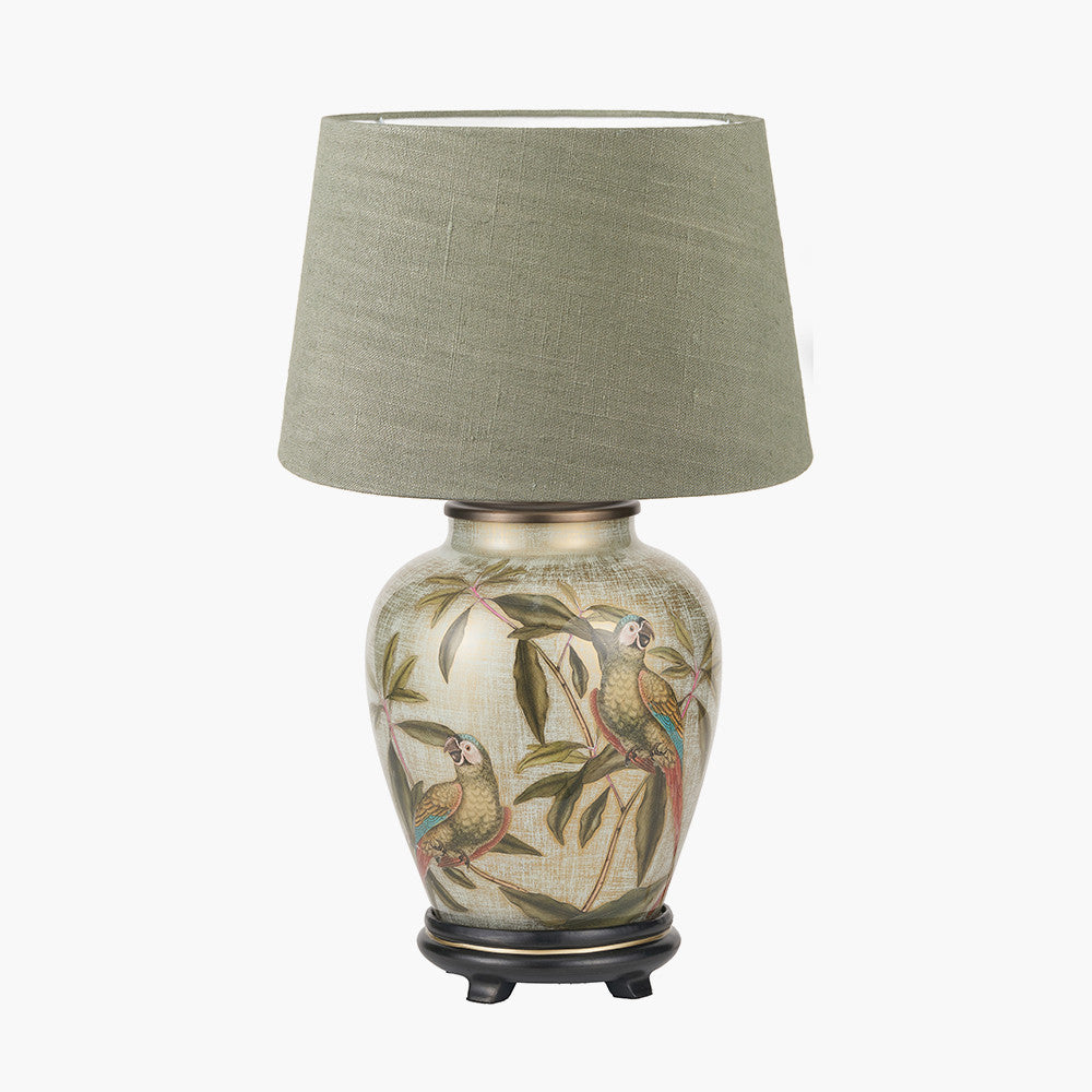 Parrot Small Glass Table Lamp Base with Milos 30cm Pistachio Green Linen Tapered Lampshade