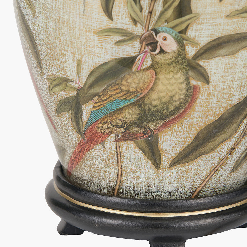 Parrot Small Glass Table Lamp Base with Edward 30cm Natural Linen Cylinder Lampshade