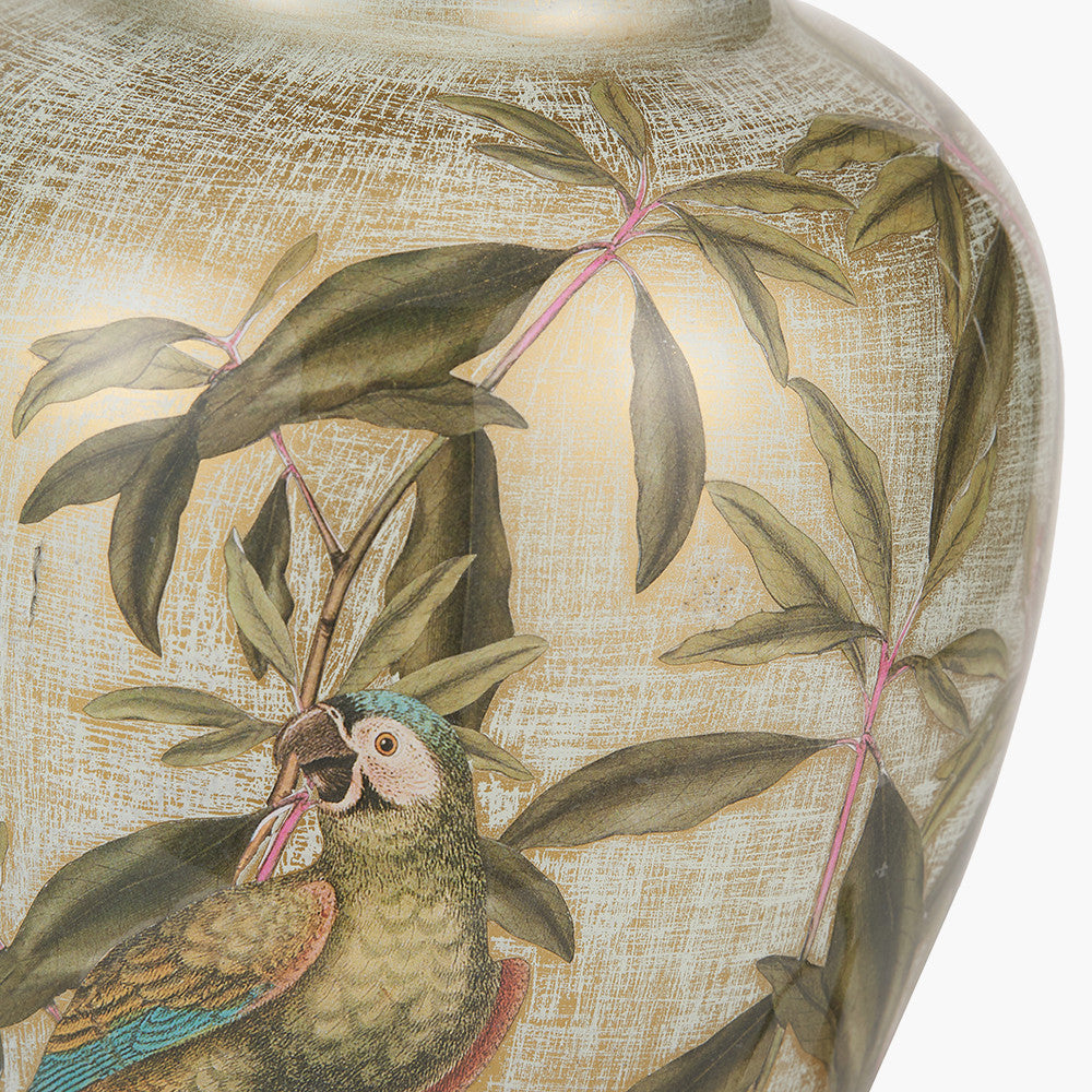 Parrot Small Glass Table Lamp Base with Edward 30cm Natural Linen Cylinder Lampshade