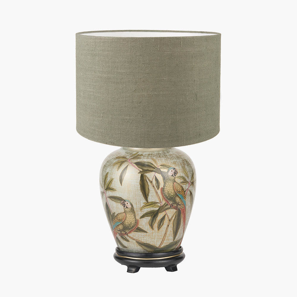 Parrot Small Glass Table Lamp Base with Edward 30cm Pistachio Green Linen Cylinder Lampshade