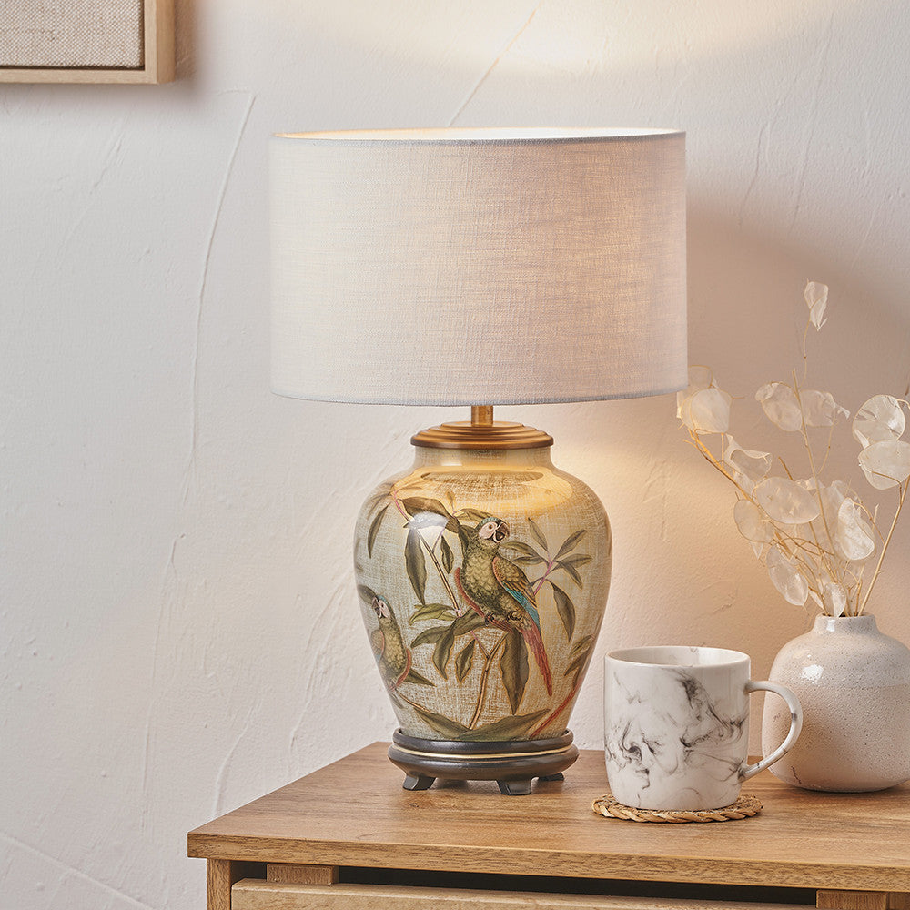Parrot Small Glass Table Lamp Base with Lino 25cm White Self Lined Linen Cylinder Lampshade