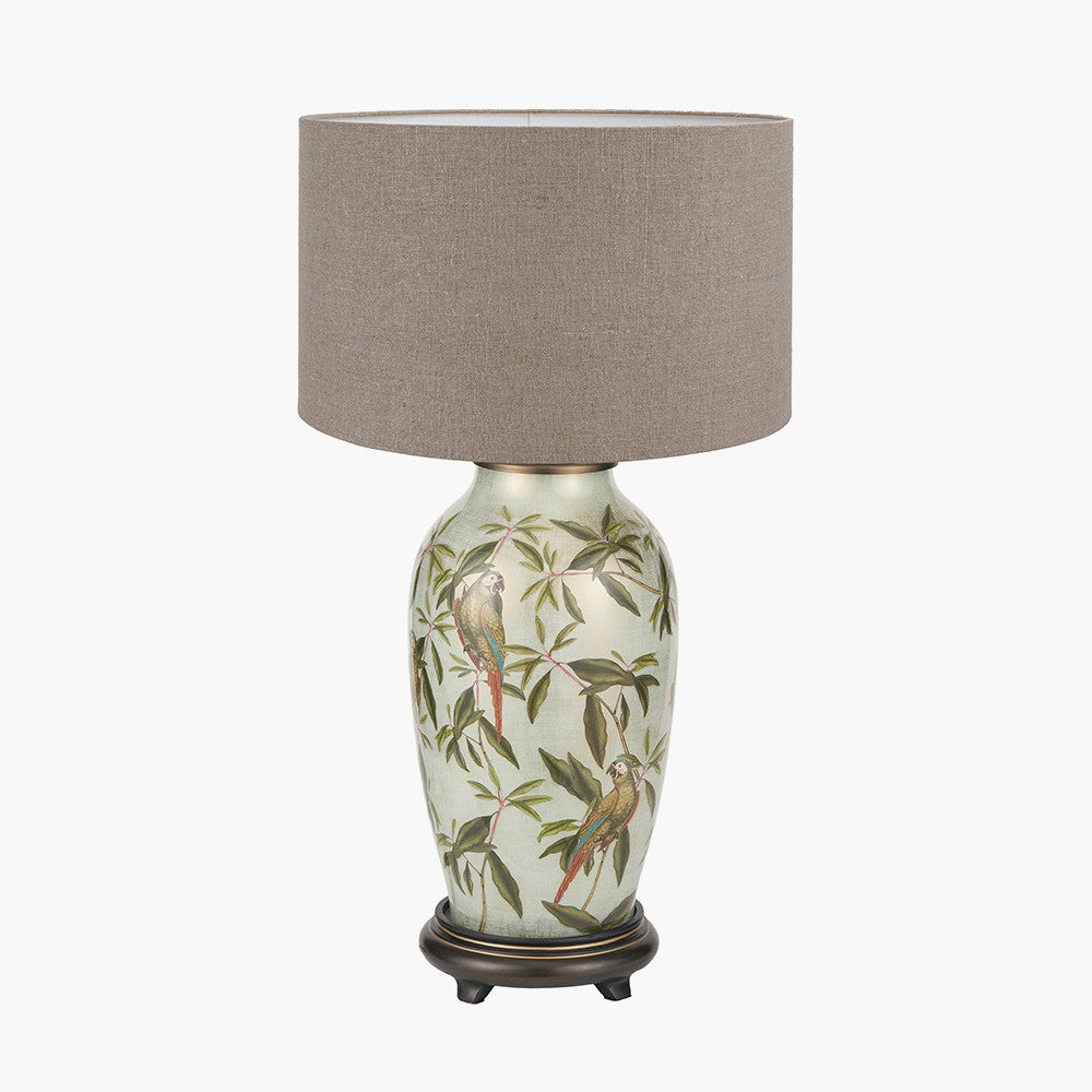 Parrot Tall Glass Table Lamp Base with Edward 40cm Natural Linen Cylinder Lampshade