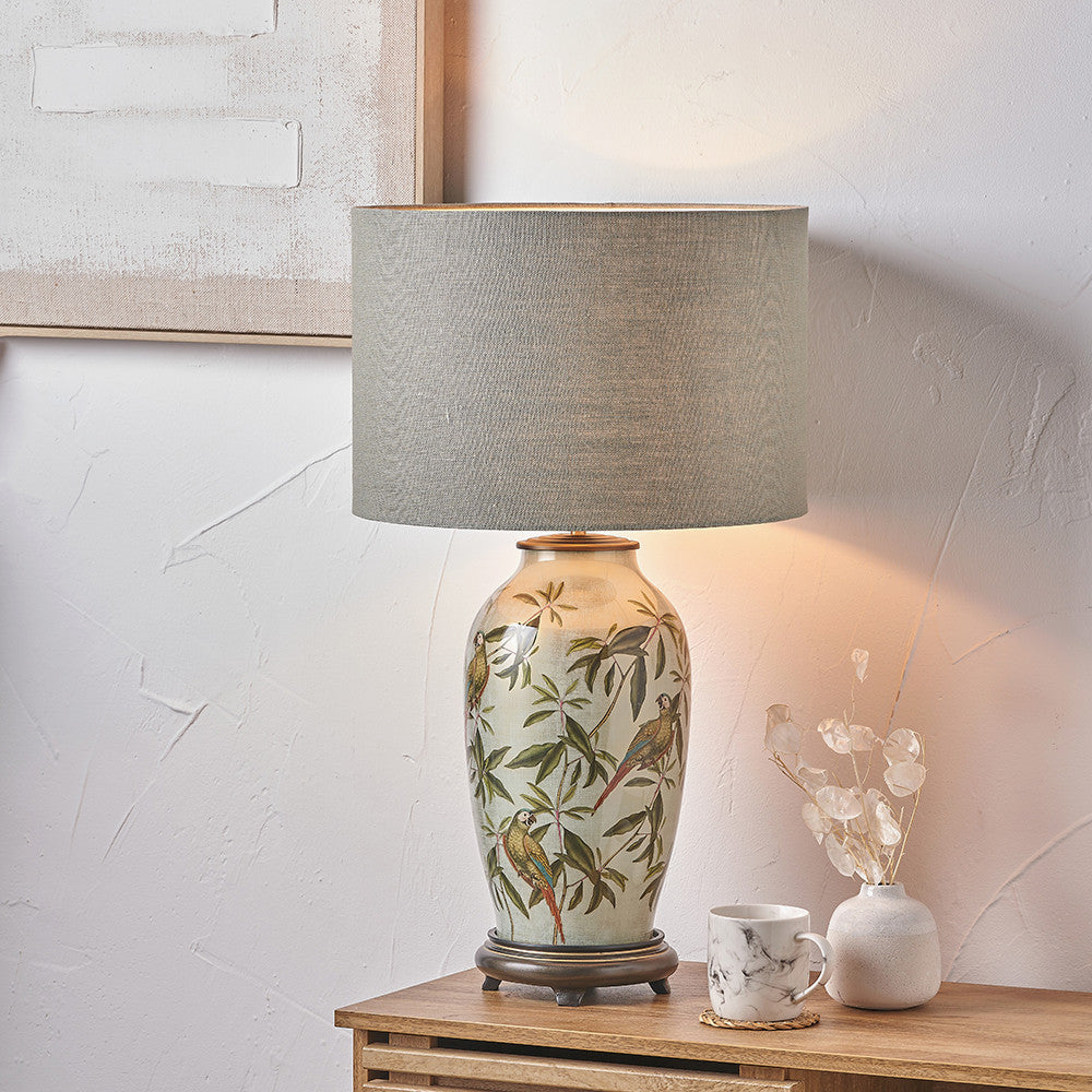 Parrot Tall Glass Table Lamp Base with Edward 40cm Pistachio Green Linen Cylinder Lampshade