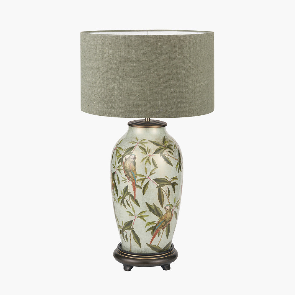Parrot Tall Glass Table Lamp Base with Edward 40cm Pistachio Green Linen Cylinder Lampshade