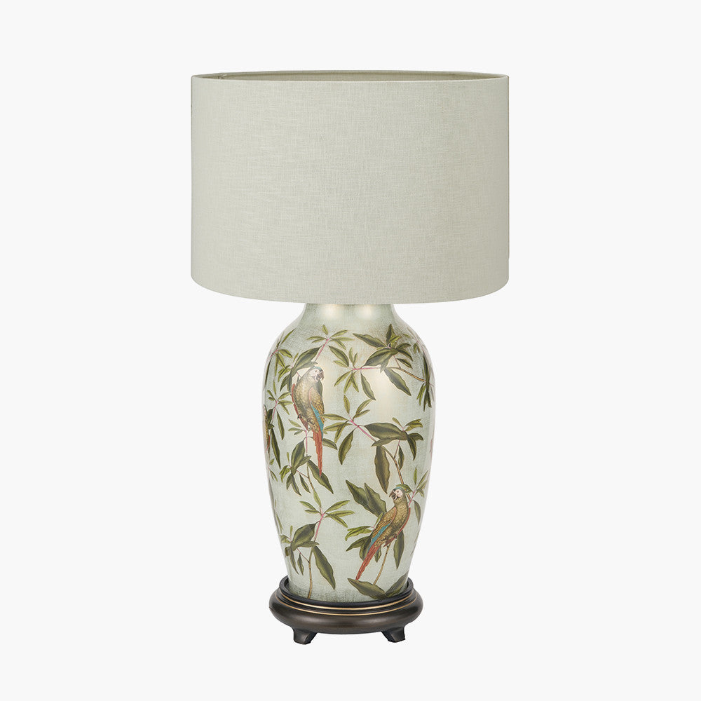 Parrot Tall Glass Table Lamp Base with Lino 40cm Cream Self Lined Linen Cylinder Lampshade