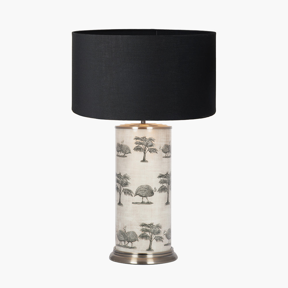 Guinea Fowl Large Cylinder Glass Table Lamp Base with Harry 40cm Black Cotton Mix Cylinder Lampshade