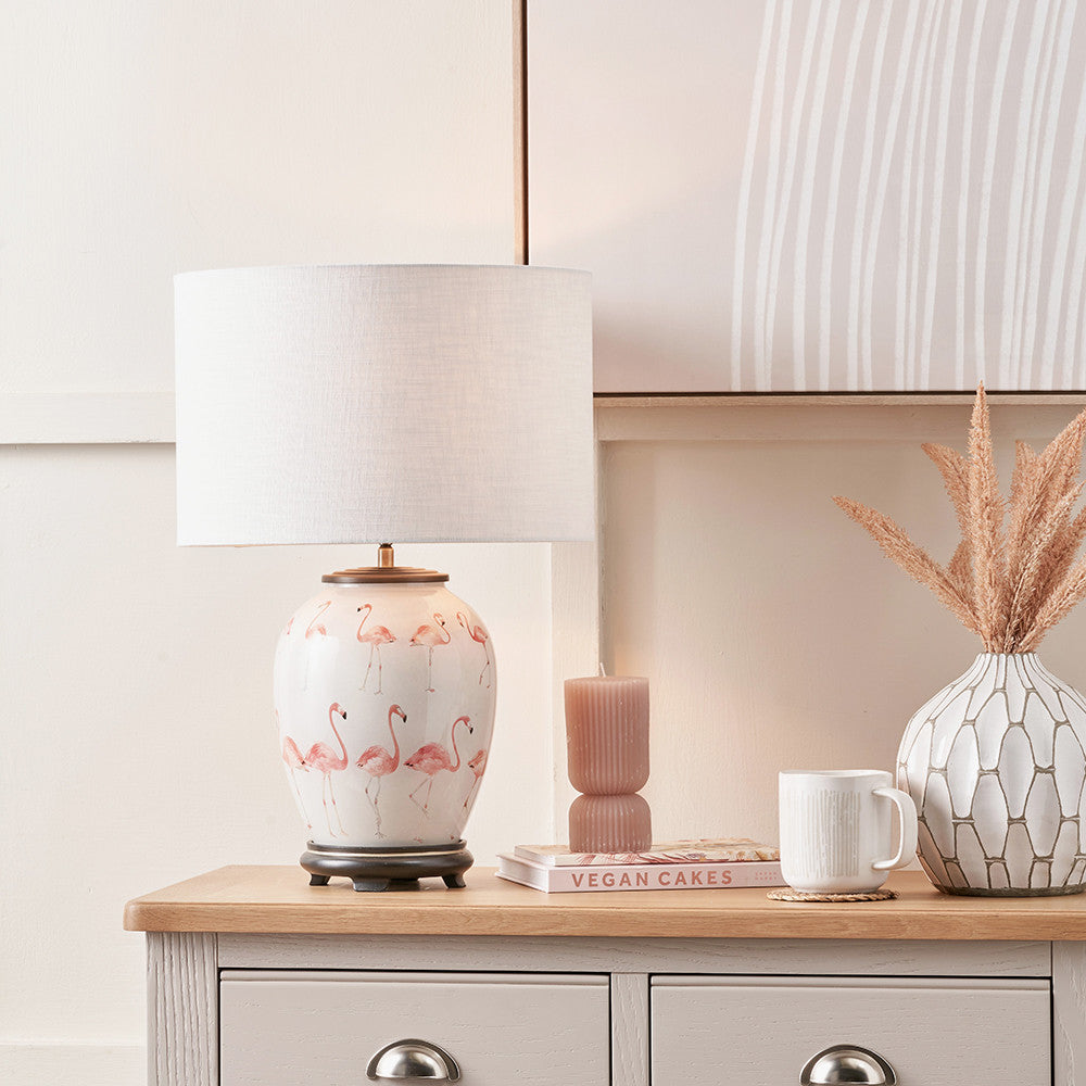 Flamingo Medium Glass Table Lamp Base with Lino 35cm White Self Lined Linen Cylinder Lampshade