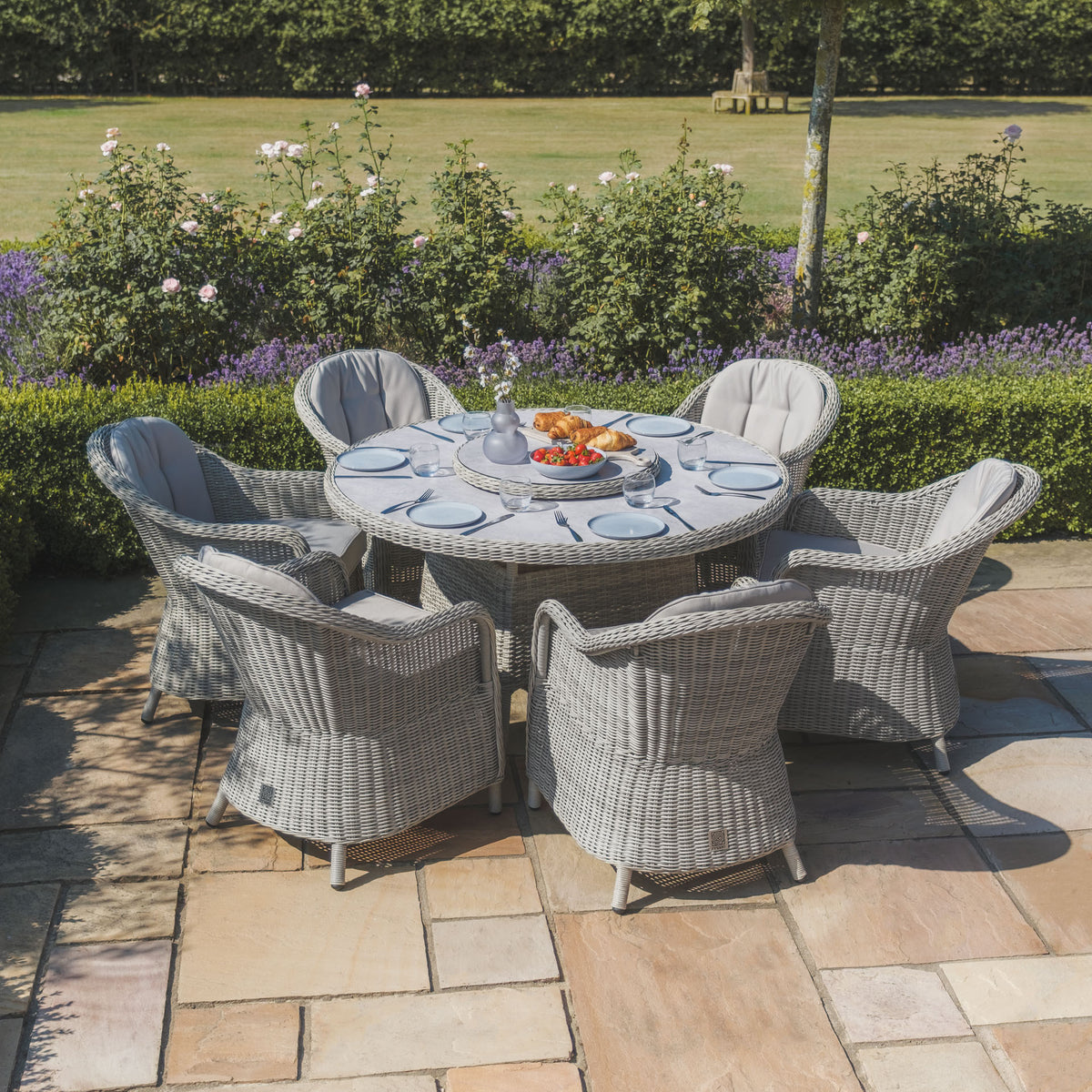 Oxford 6 Seat Round Dining Set With Heritage Chairs & Lazy Susan (Ceramic Glass)