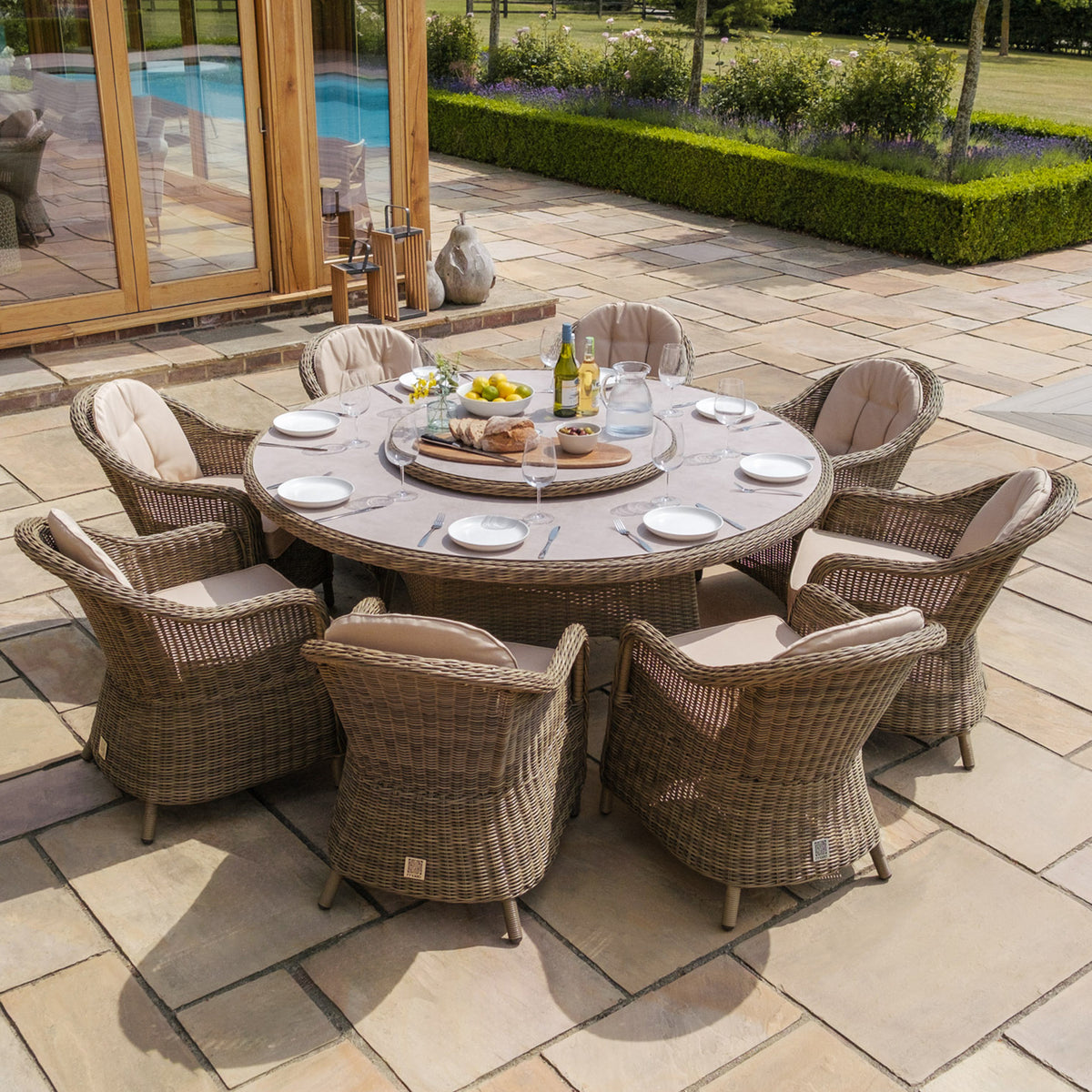 Winchester 8 Seat Round Dining Set With Heritage Chairs & Lazy Susan (Ceramic Glass)