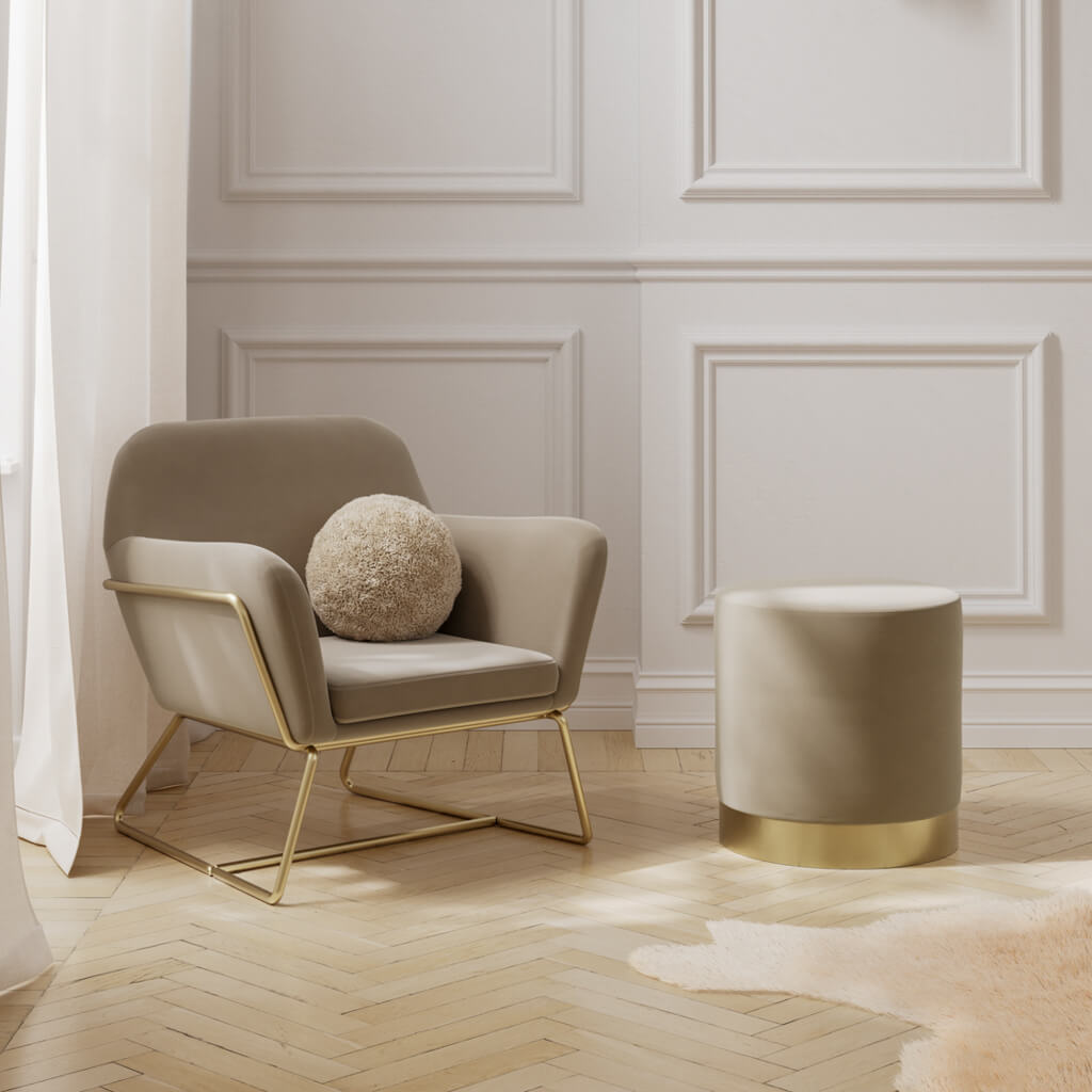 Lara Beige Velvet Small Pouffe