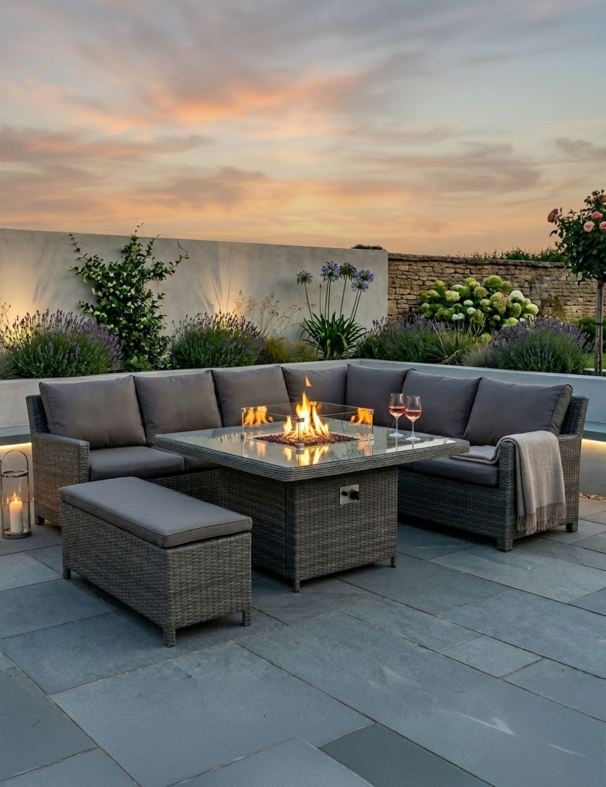 Paris 8 Seater Deluxe Modular Corner Dining & Lounging Set -with Square Fire Pit Table