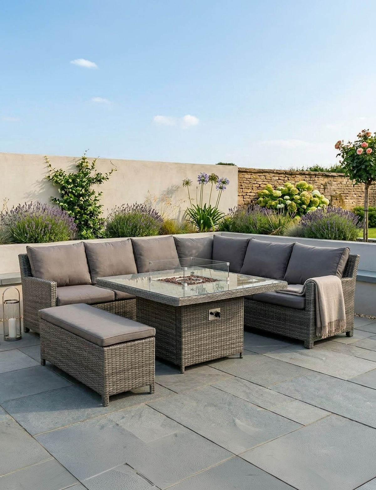 Paris 8 Seater Deluxe Modular Corner Dining & Lounging Set -with Square Fire Pit Table