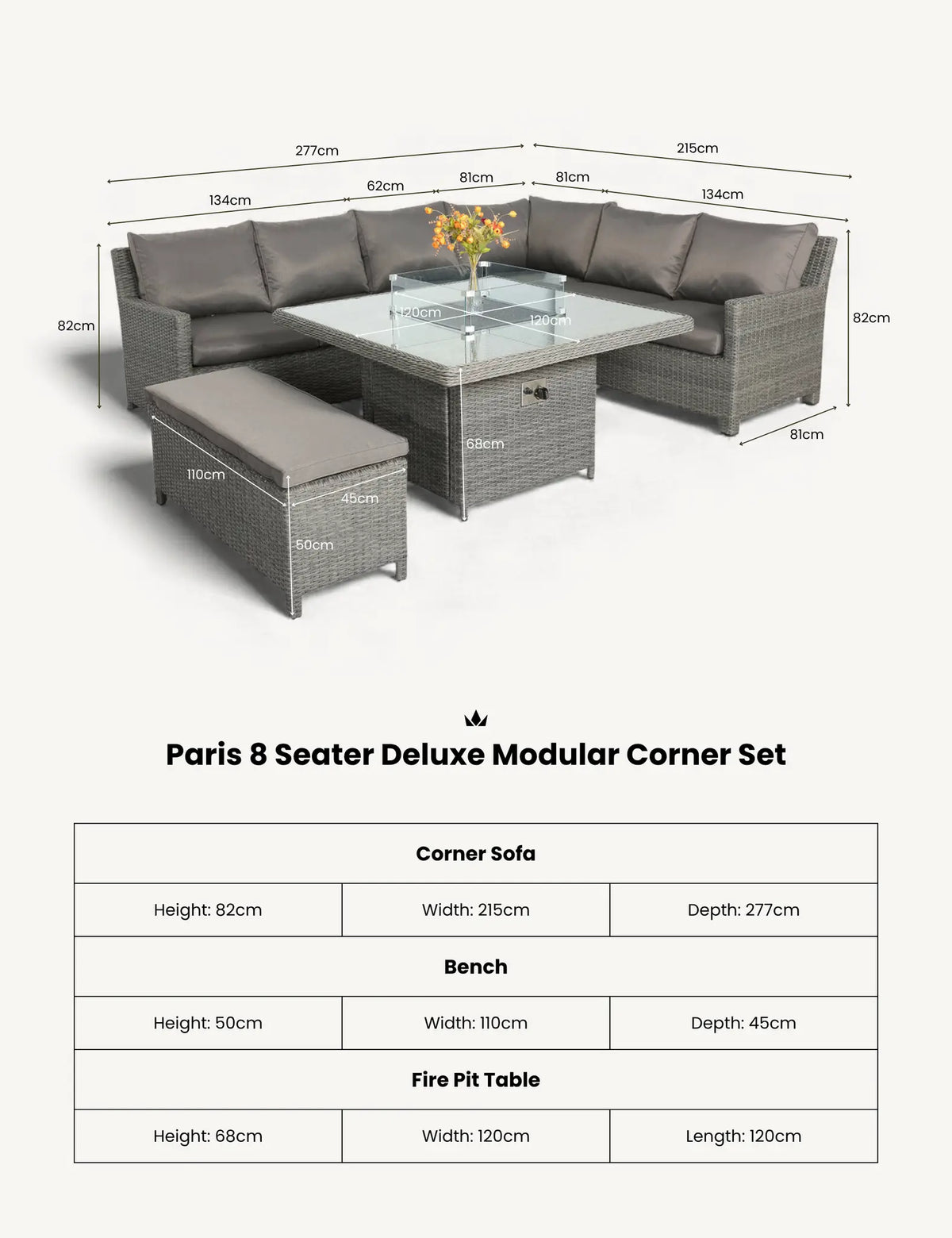 Paris 8 Seater Deluxe Modular Corner Dining & Lounging Set -with Square Fire Pit Table