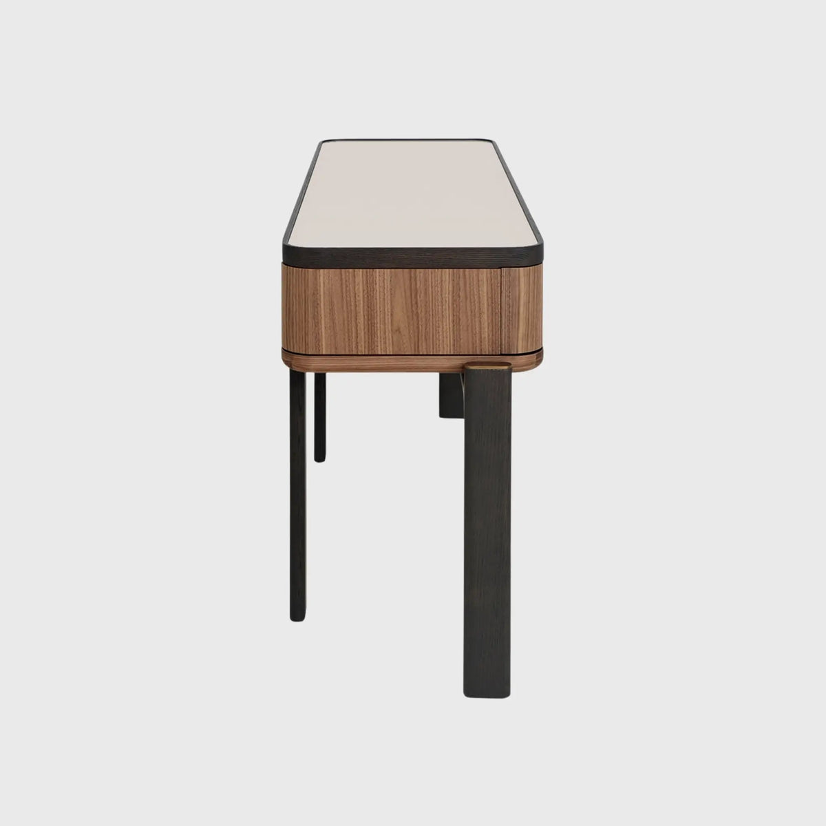 Ponte 2 Drawer Console Ponte 2 drawer Console Table in Figured Walnut, Burnt Oak Margins and Beige Tempered Glass Top