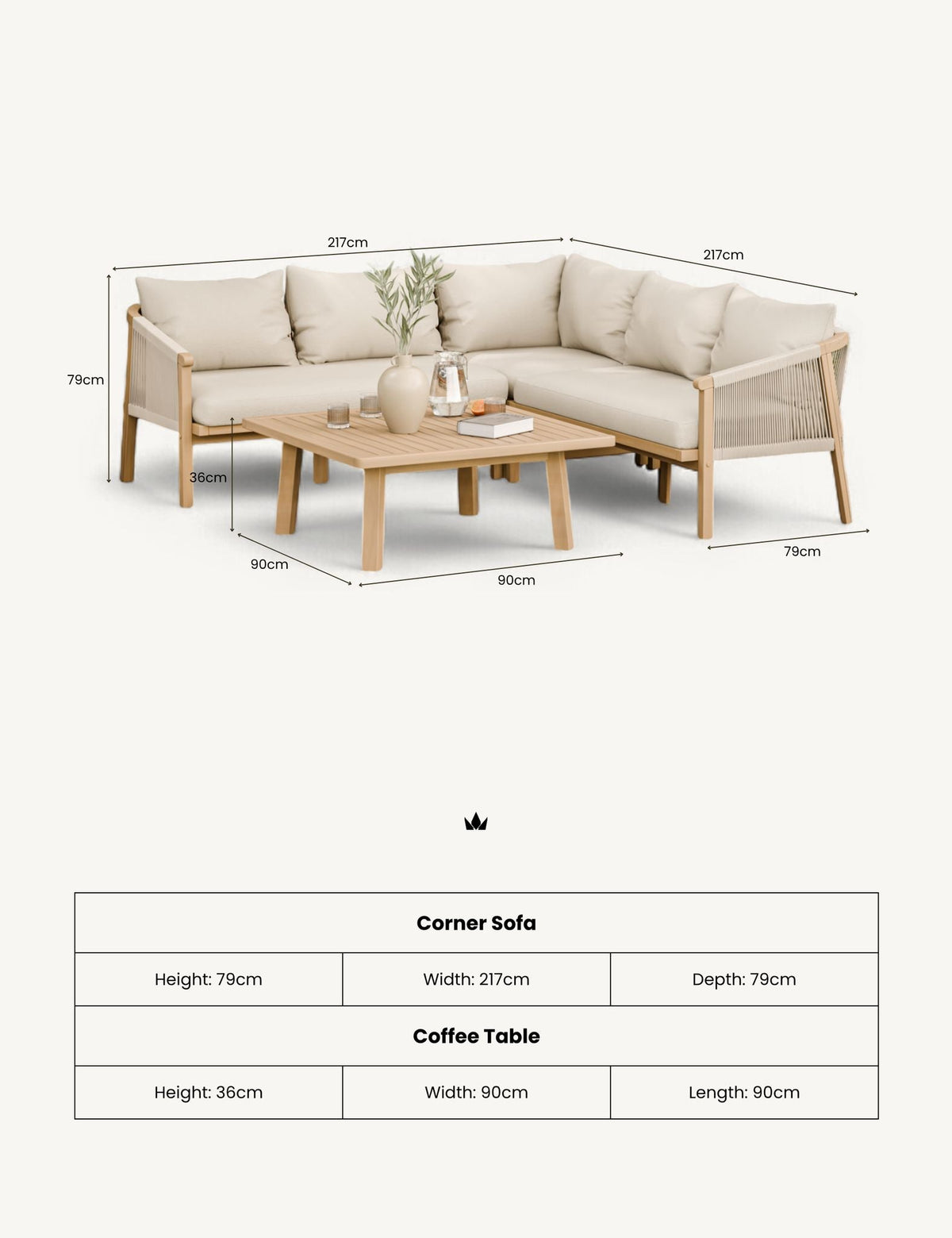 Roma 5 Seater Corner Lounge Set with 90cm Square Coffee Table