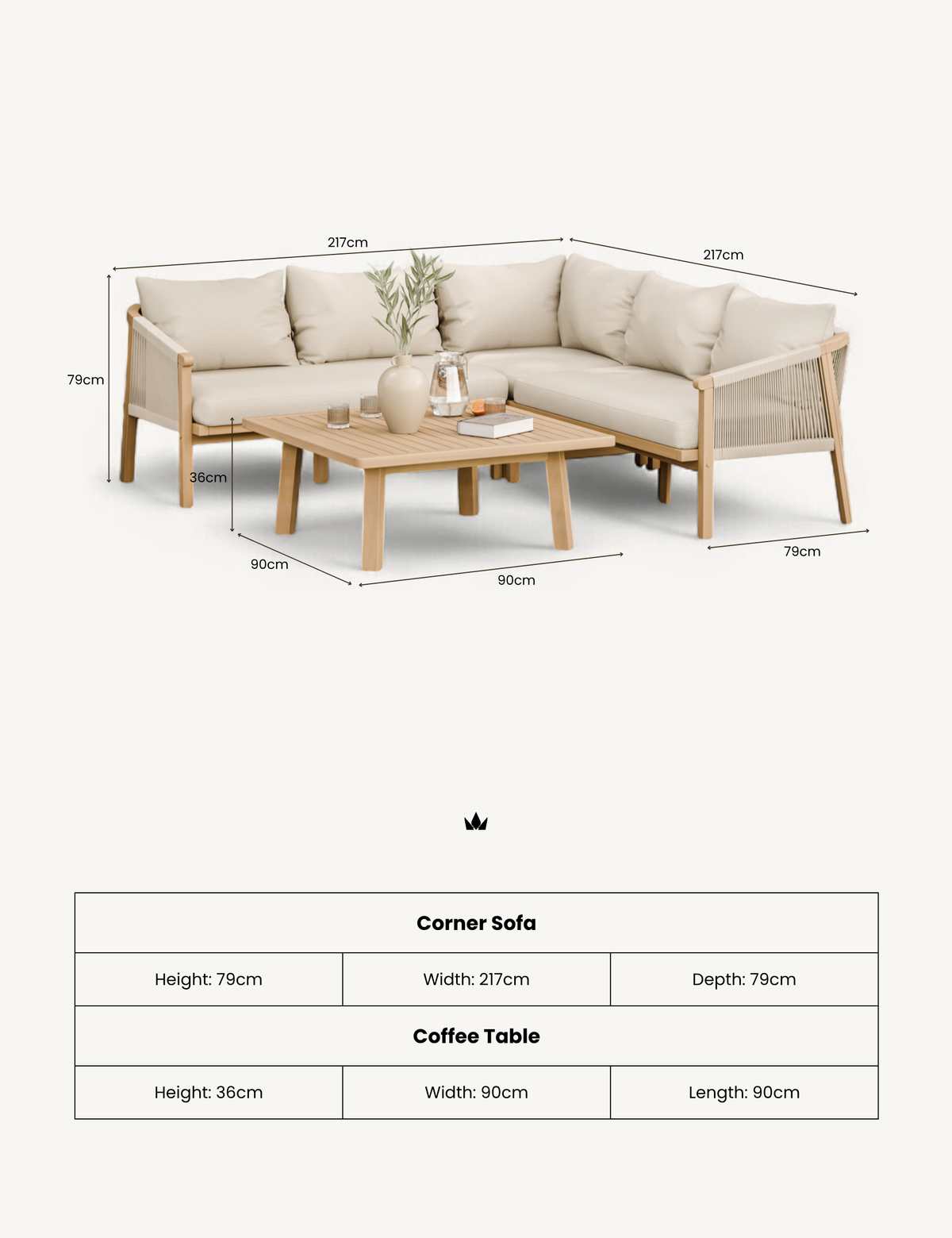 Roma 5 Seater Corner Lounge Set with 90cm Square Coffee Table