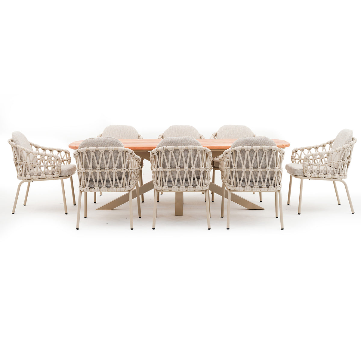 Sicily 8 Seat Rectangular Table with Rope Chairs - Latte Frame/Latte Cushions