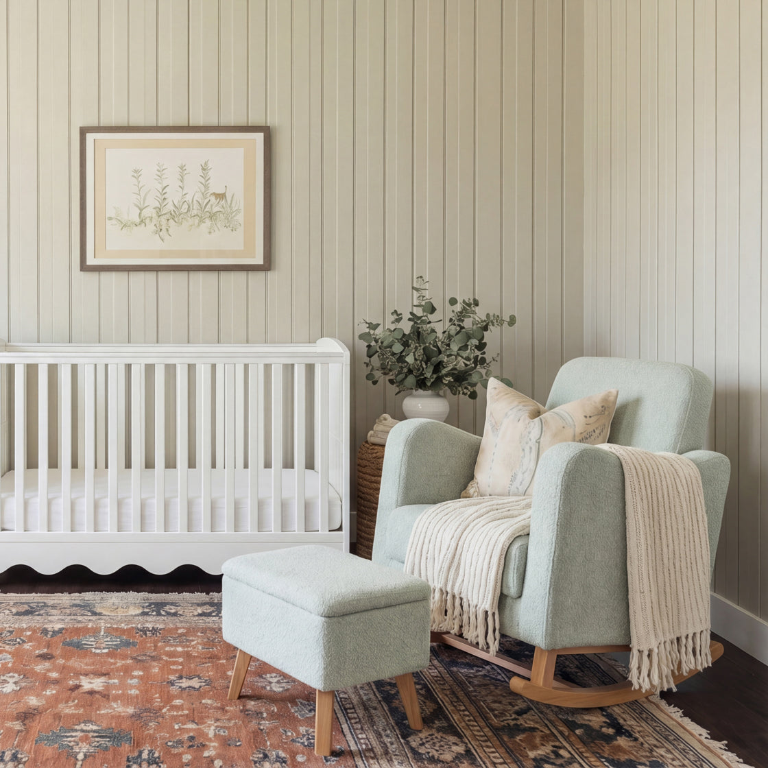 OTI Nursery Soother Nursing Chair and Footstool Sage Boucle House of Isabella UK