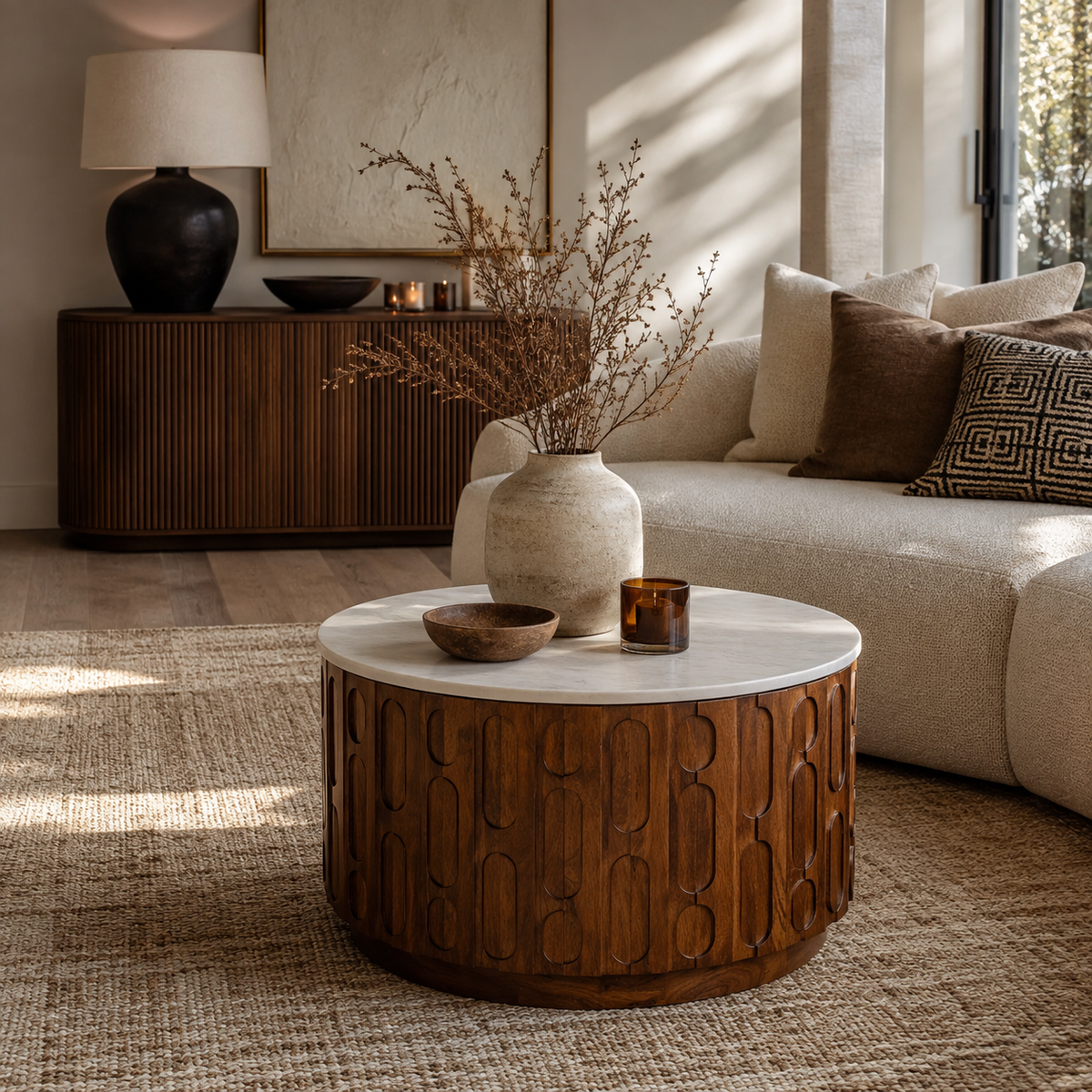 Torcino Marble and Crarved Mango Wood Round Coffee Table