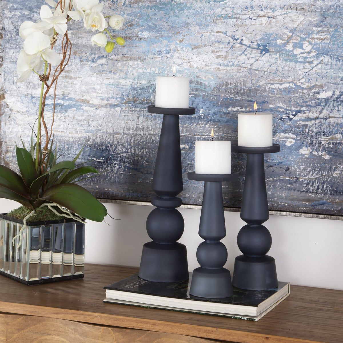 Cassiopeia Blue Glass Candleholders, S/3