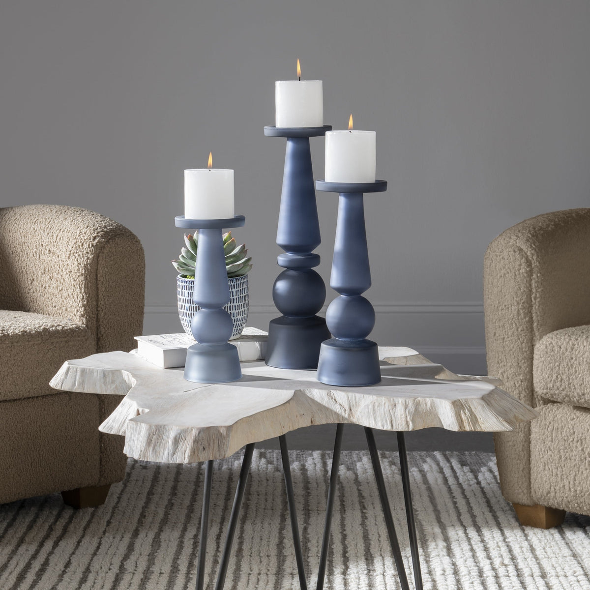 Cassiopeia Blue Glass Candleholders, S/3