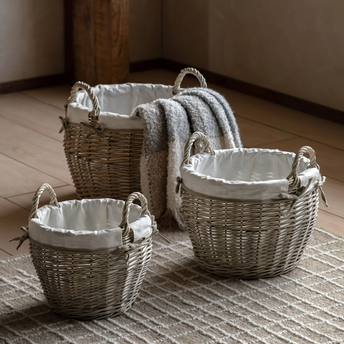 Bodhi Accessories Aro Round Lined Baskets Natural Set of 3 House of Isabella UK
