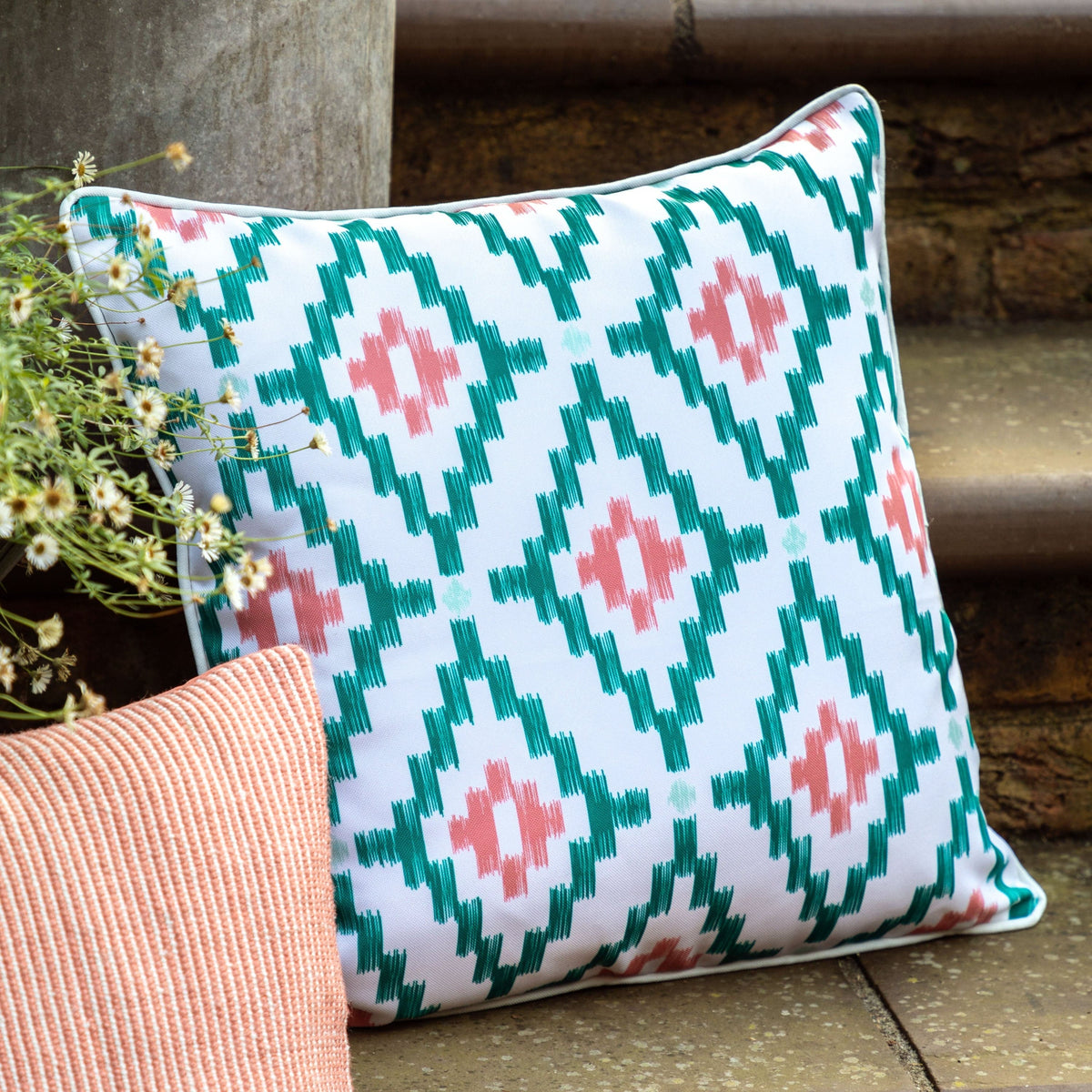 Bodhi Accessories Aroha Geo Printed Cushion Green House of Isabella UK