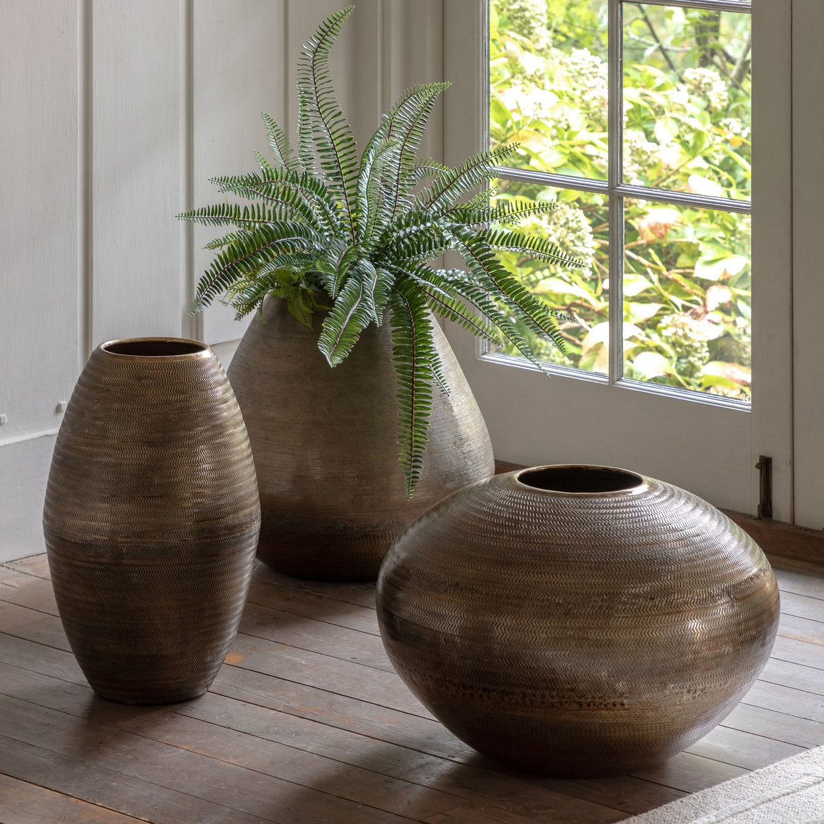 Bodhi Accessories Artistic Aluminium Wide Vase Arrow Antique Brass House of Isabella UK