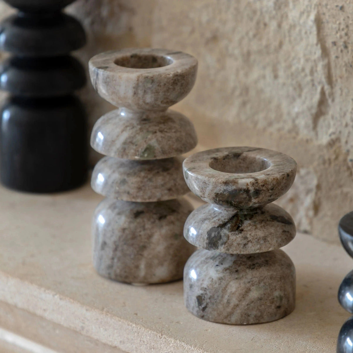 Bodhi Accessories Azuaga Marble Candlestick Sandstone Set of 2 House of Isabella UK