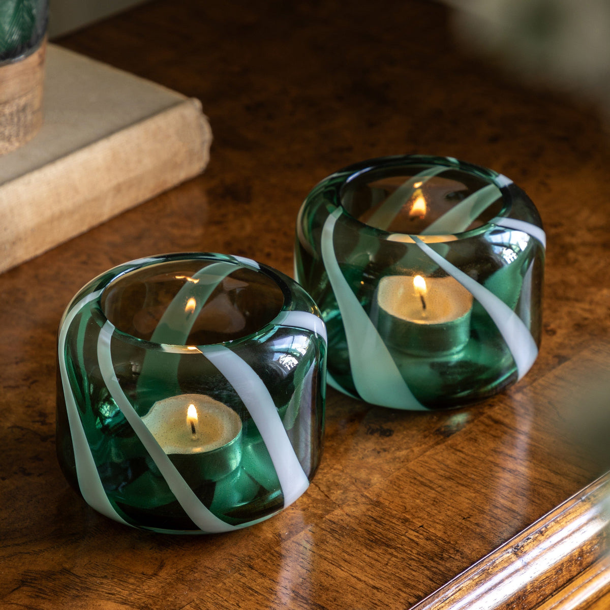 Bodhi Accessories Candy Stripe Tealight Holder Set of 2 Green House of Isabella UK