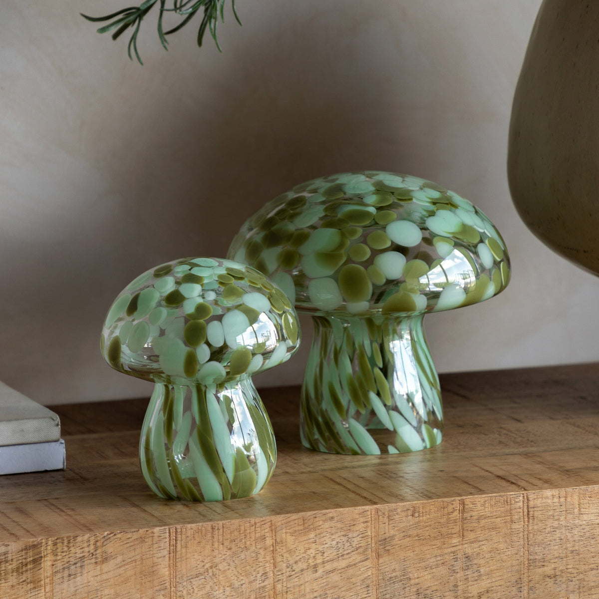 Bodhi Accessories Confetti Glass Mushrooms Set of 2 Forest Green House of Isabella UK