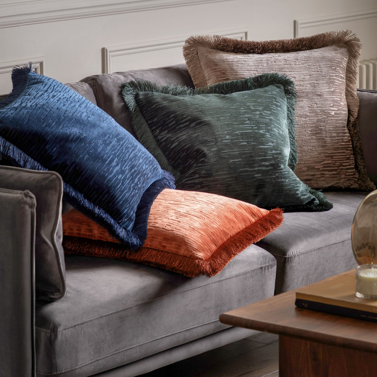 Bodhi Accessories Cut Velvet Fringe Cushion Blue House of Isabella UK