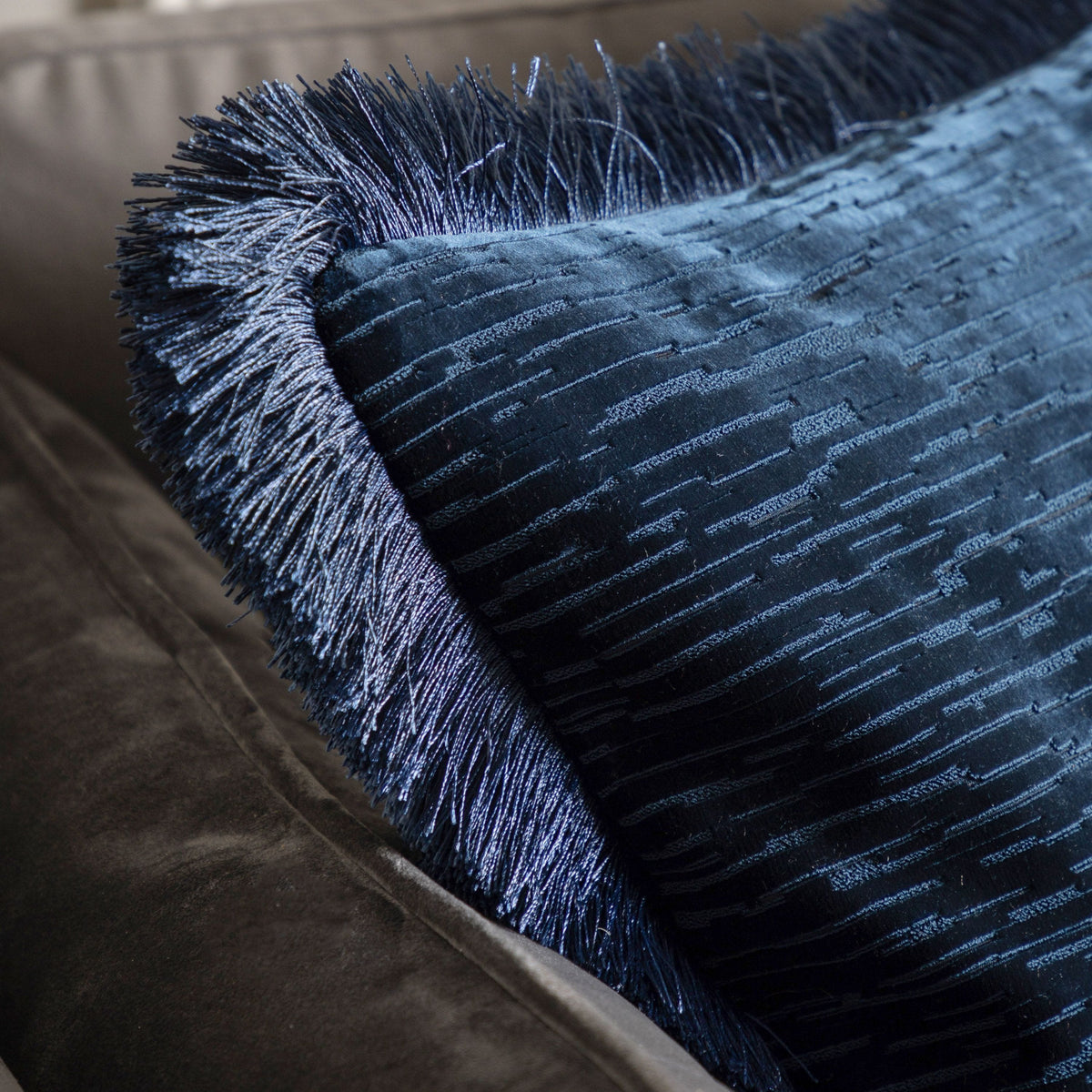 Bodhi Accessories Cut Velvet Fringe Cushion Blue House of Isabella UK
