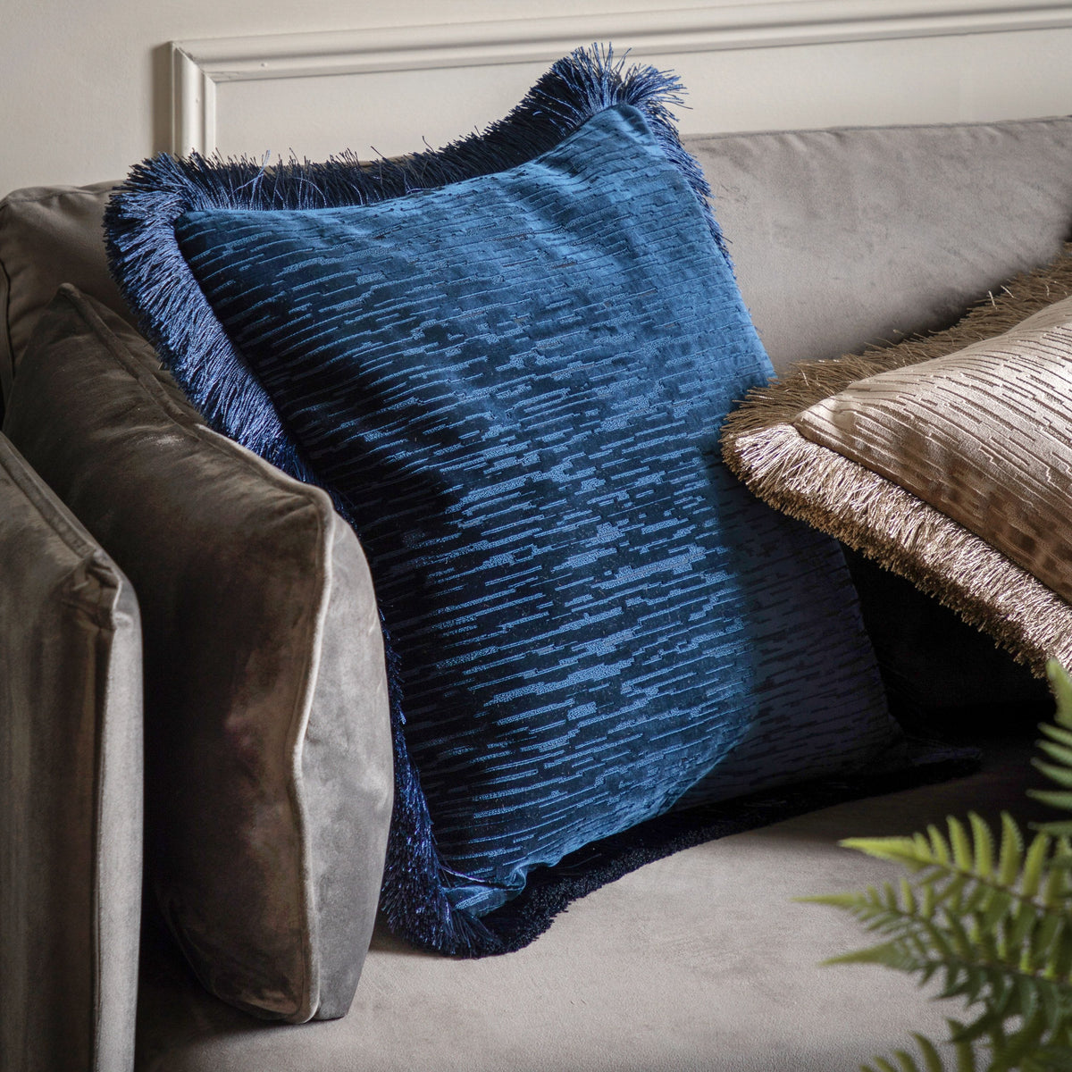 Bodhi Accessories Cut Velvet Fringe Cushion Blue House of Isabella UK