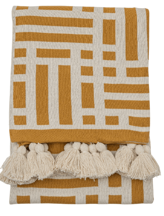 Devoran Knitted Tassel Throw Ochre.