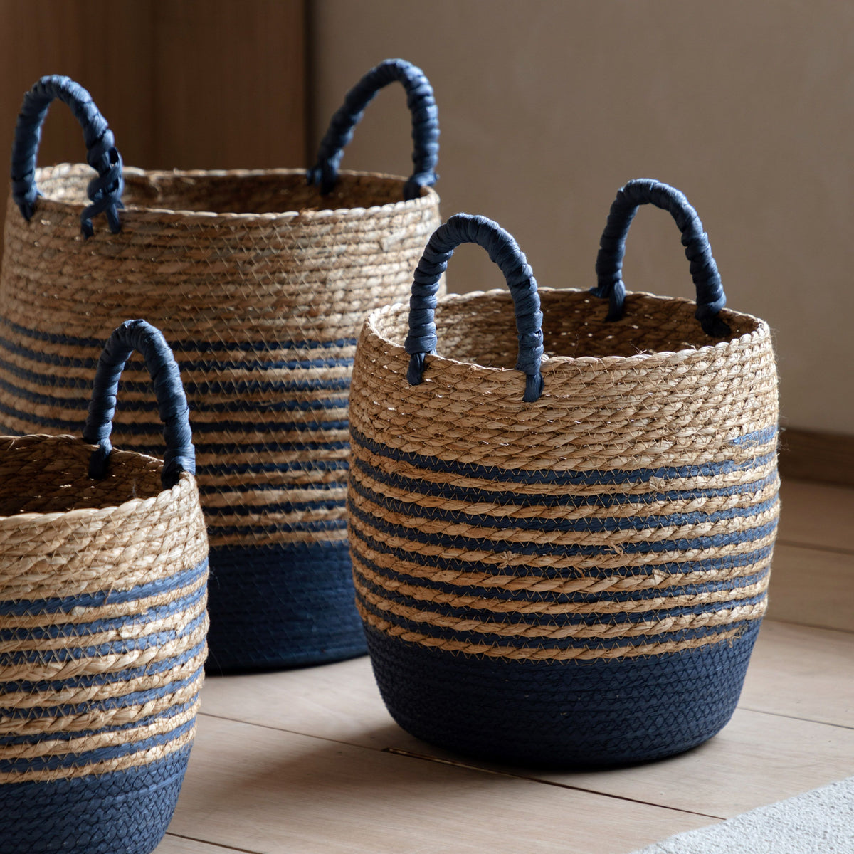 Bodhi Accessories Drift Seagrass Basket Blue Striped Set of 3 House of Isabella UK