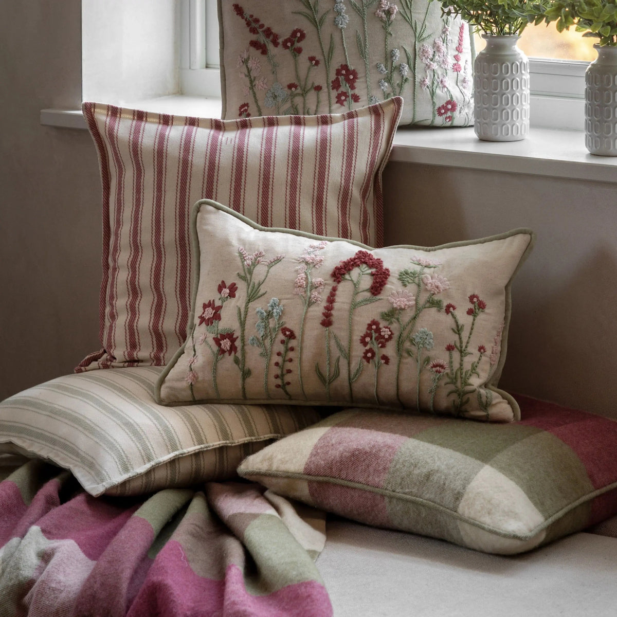 Bodhi Accessories Dursley Check Cushion Cranberry and Olive House of Isabella UK