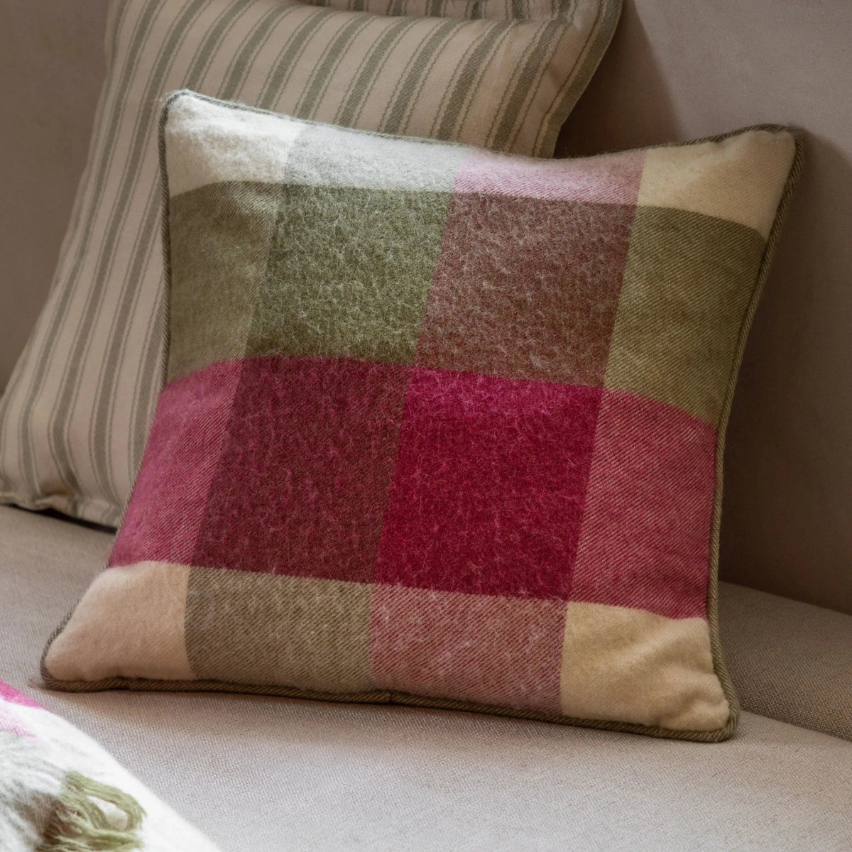 Bodhi Accessories Dursley Check Cushion Cranberry and Olive House of Isabella UK