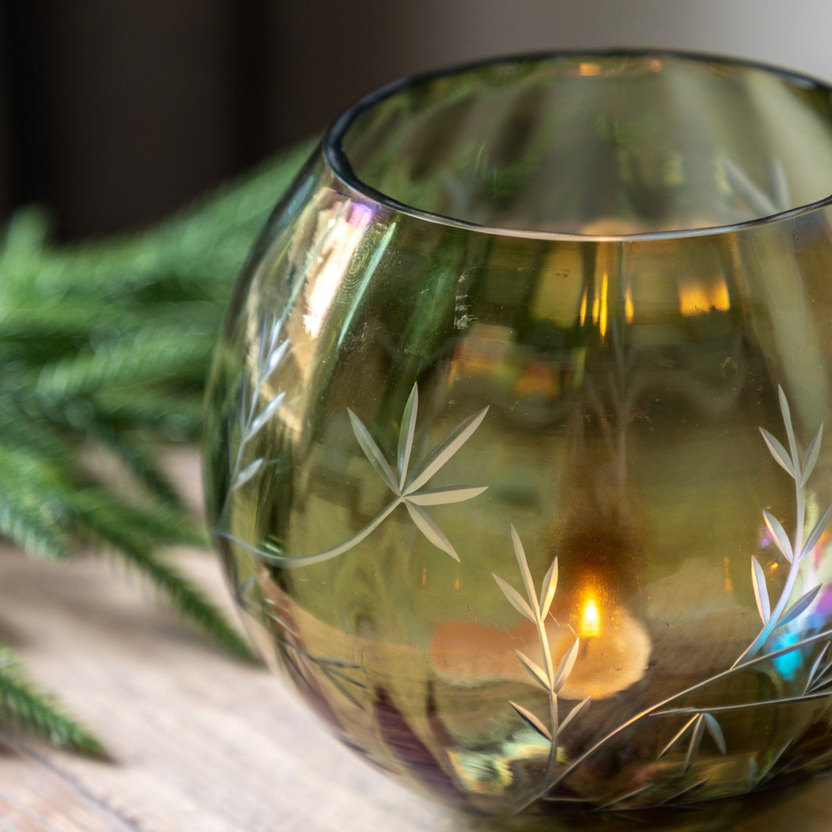 Bodhi Accessories Floral Etched Iridescent Tealight Holder Large House of Isabella UK