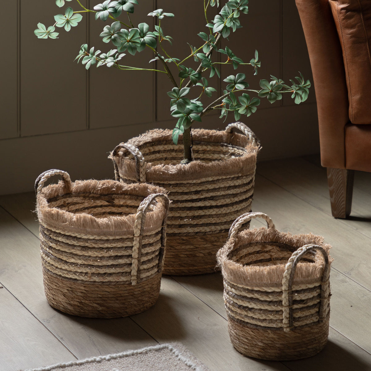 Bodhi Accessories Fringed Woven Basket Brown Stripe Set of 3 House of Isabella UK