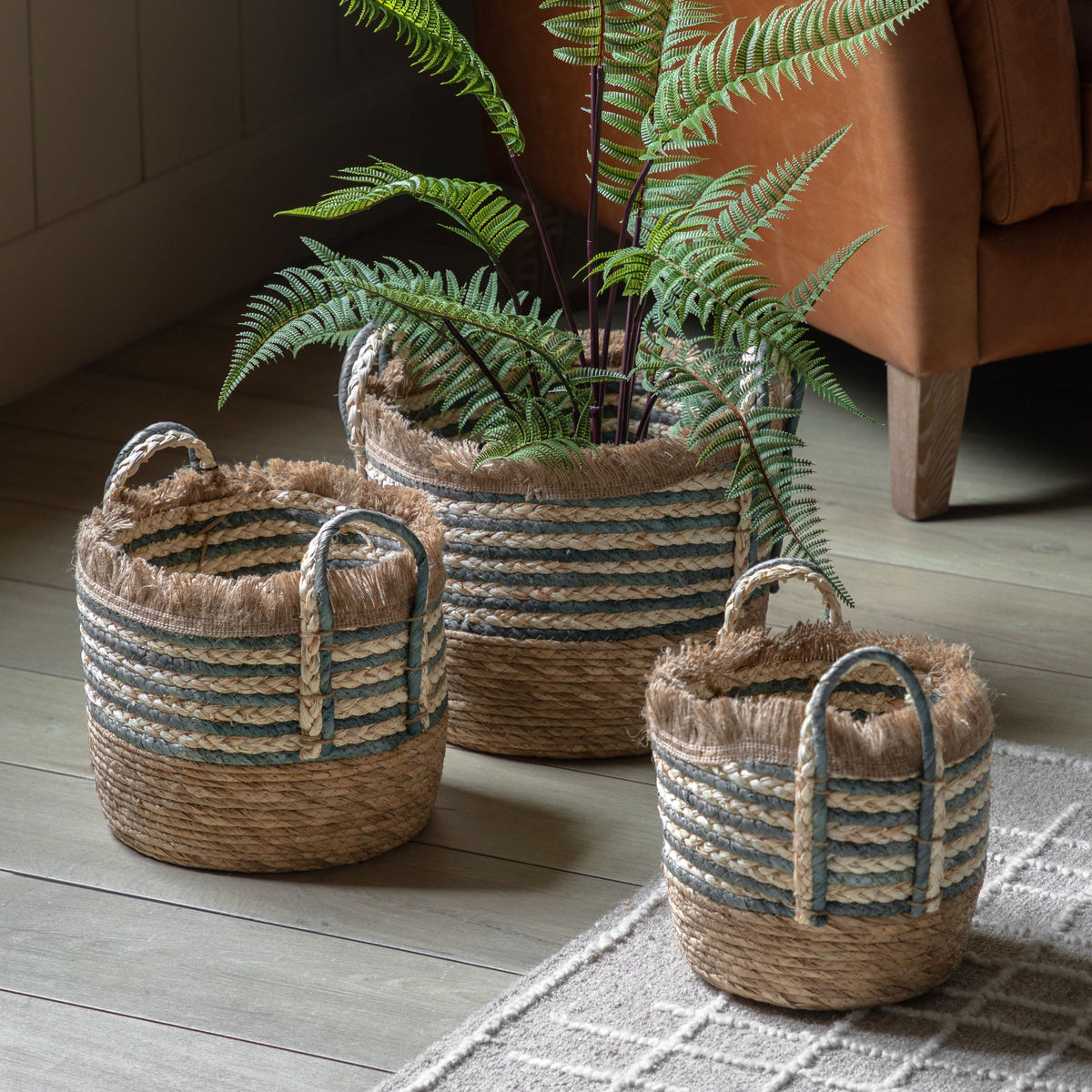 Bodhi Accessories Fringed Woven Basket Ink Stripe Set of 3 House of Isabella UK