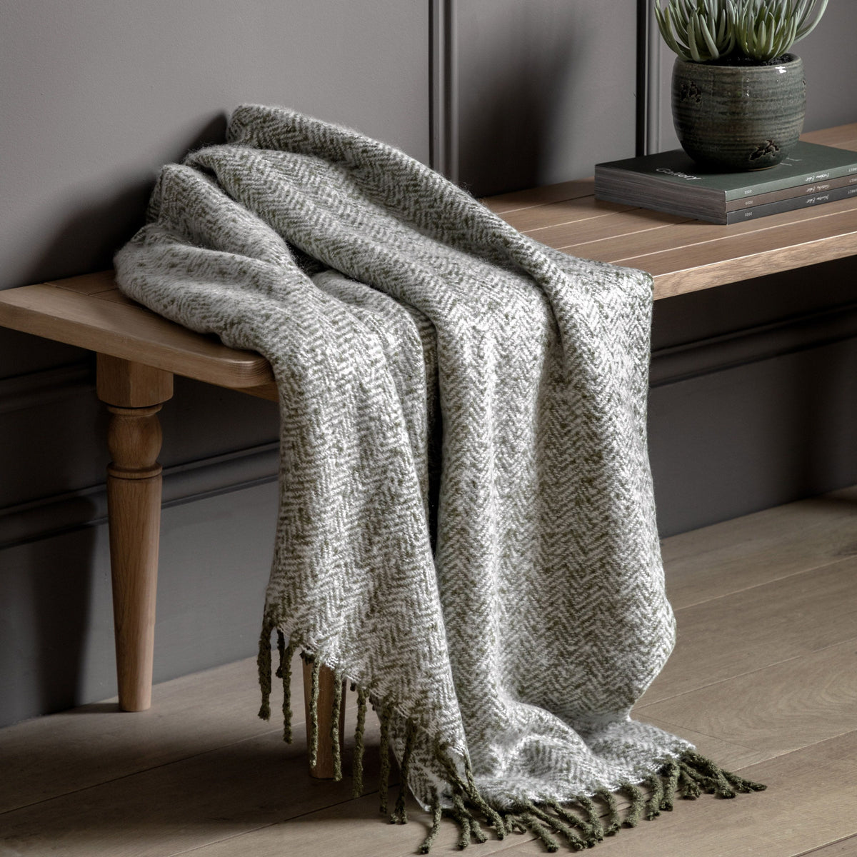 Herringbone Faux Mohair Throw Olive.