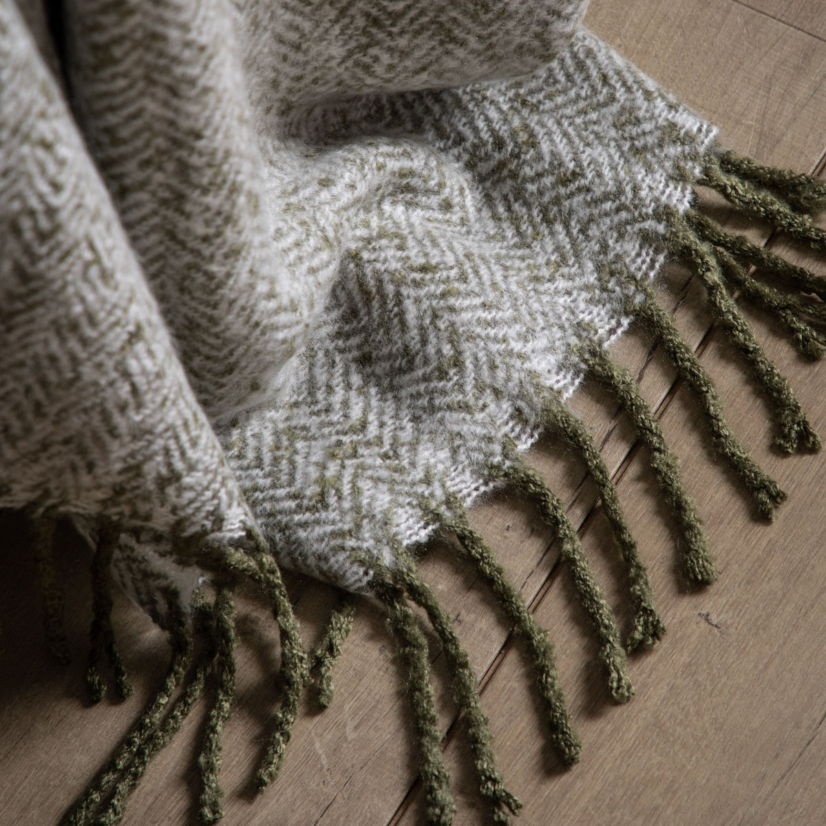 Herringbone Faux Mohair Throw Olive.