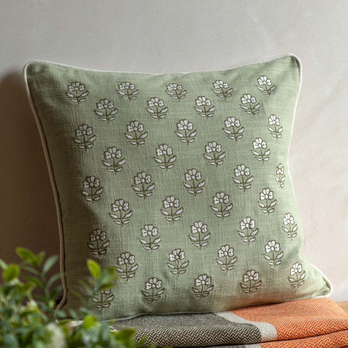 Bodhi Accessories Ilkley Embroider Floral Cushion Sage House of Isabella UK