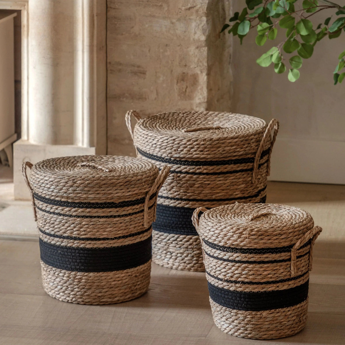 Bodhi Accessories Linen Basket Nest Black Stripe Set of 3 House of Isabella UK