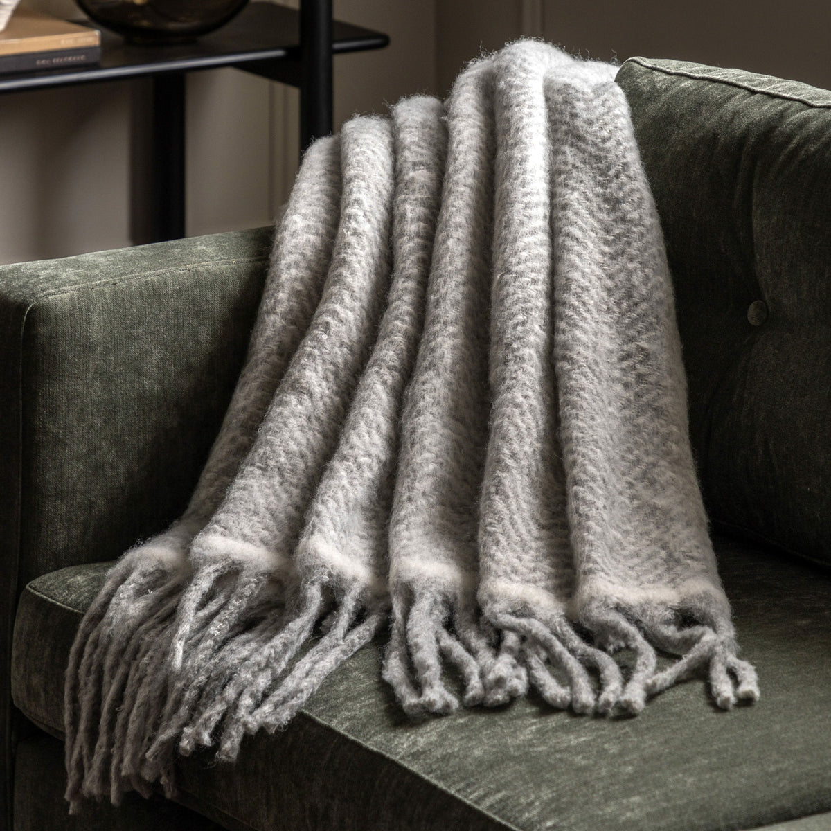 Mohair Fringe Throw Grey.