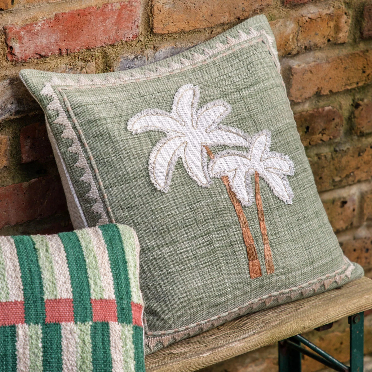 Bodhi Accessories Nohea Embroidered Palm Tree Cushion Sage House of Isabella UK