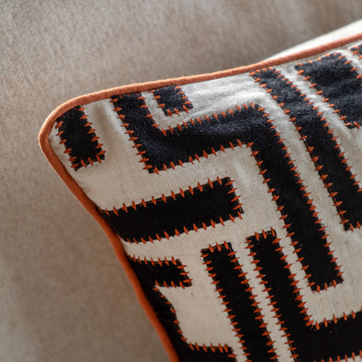 Bodhi Accessories Oskar Applique Cushion Blk & Apricot House of Isabella UK