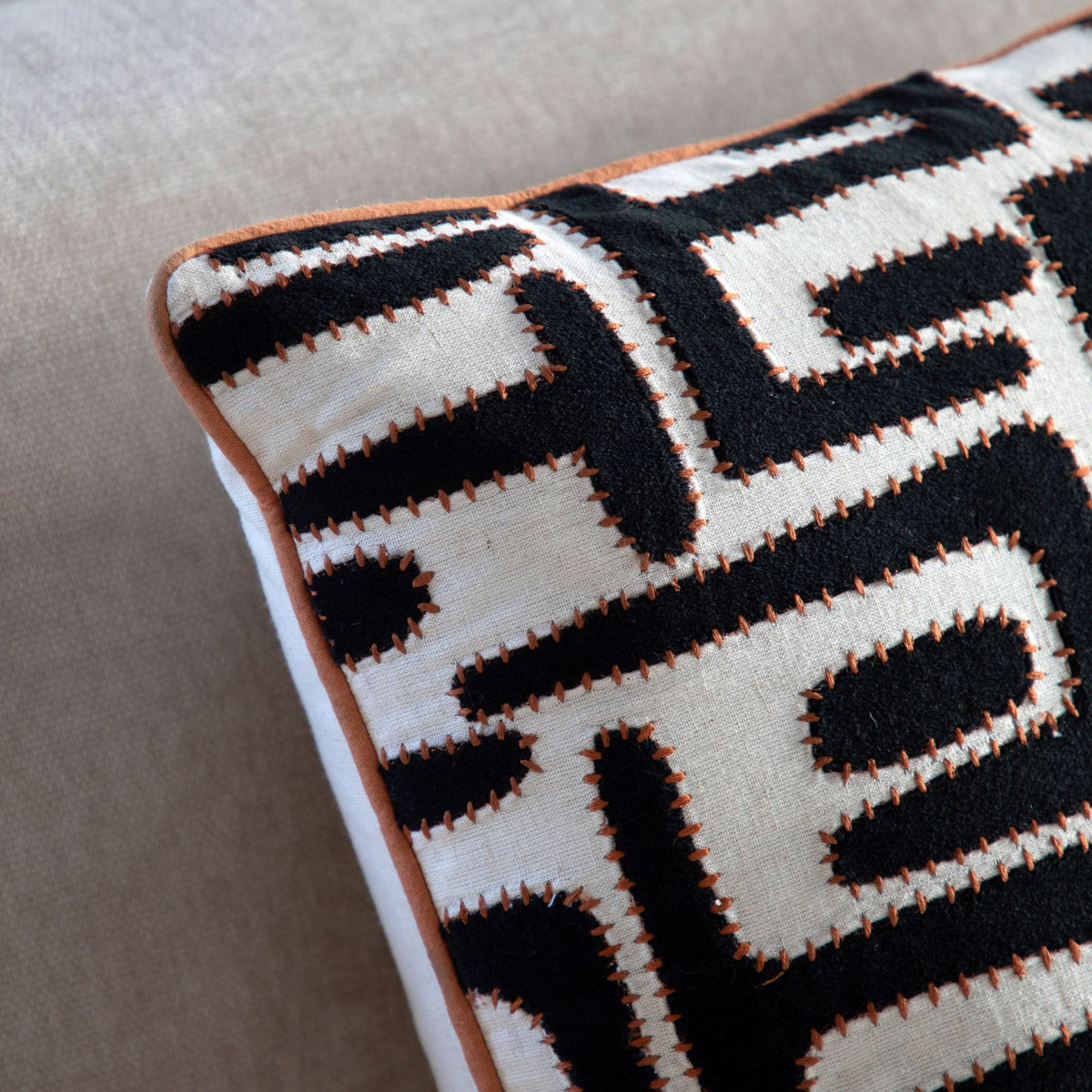 Bodhi Accessories Oskar Applique Cushion Blk & Apricot House of Isabella UK